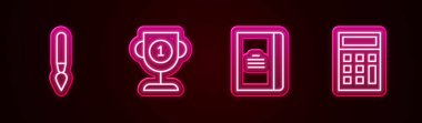 Çizgi fırçası, ödül kupası, Spiral defter ve hesap makinesini ayarla. Parlayan neon ikonu. Vektör