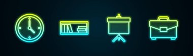 Satır saatini, kitaplı rafı, yazı tahtası diyagramını ve evrak çantasını ayarla. Parlayan neon ikonu. Vektör