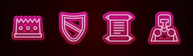King Crown, Shield, Decree, parşömen, parşömen ve Ortaçağ şövalyesi. Parlayan neon ikonu. Vektör