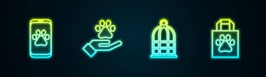 Sıralı Veteriner Kliniği, Hayvanlı Eller Ayak İzi, Kuşlar için Kafes ve Alışveriş Çantası Hayvanları. Parlayan neon ikonu. Vektör