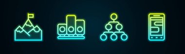 Sıralı dağları bayrak, sıralı yıldız, hiyerarşi organizogram şeması ve telefonda Sohbet mesajları ile ayarla. Parlayan neon ikonu. Vektör