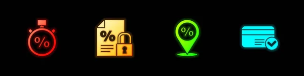 Set Stopwatch en procent, Finance document slot, Locatie met korting en creditcard pictogram. Vector — Stockvector