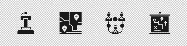 Set Stage stand or tribune, Folded map with location, Project team base and Planning strategy concept icon. Διάνυσμα — Διανυσματικό Αρχείο