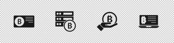 Állítsa be a hitelkártyát bitcoin, szerver, Kézben tartó Bitcoin és bányászat laptop ikon. Vektor — Stock Vector