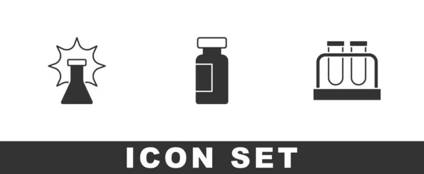 Set Explosión química, Tubo de ensayo y matraz e icono. Vector — Vector de stock