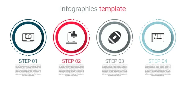 Definir aula on-line, Lâmpada de mesa, bola de futebol americano e pêndulo. Modelo de infográfico de negócios. Vetor — Vetor de Stock