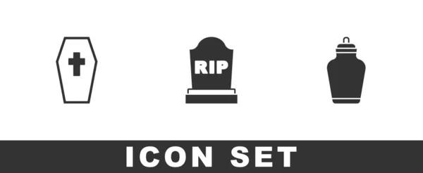 Set Coffin met kruis, Tombstone RIP geschreven en Funeral urn icoon. Vector — Stockvector