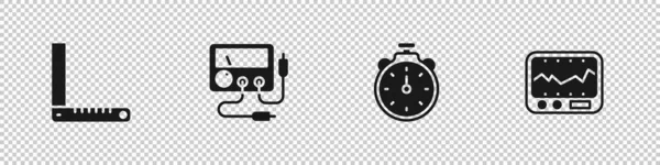Állítsa sarok vonalzó, Multiméter, voltmérő, Stopwatch és mérőműszer ikon. Vektor — Stock Vector