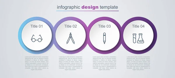 Establecer gafas de línea, brújula de dibujo, lápiz con goma de borrar y tubo de ensayo y matraz. Plantilla de infografía empresarial. Vector — Archivo Imágenes Vectoriales