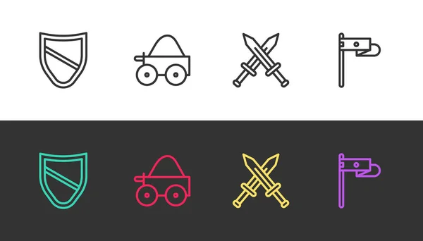 Linienschild, hölzerner Geländewagen, mittelalterliches Schwert und mittelalterliche Fahne auf schwarz-weiß. Vektor — Stockvektor