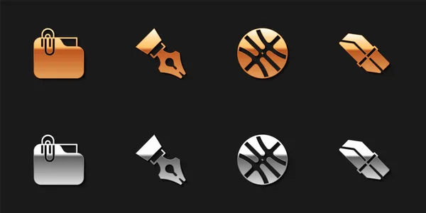 Set Document folder with clip, Fountain pen nib, Basketball ball and Eraser or rubber icon. Vector — Stock Photo, Image