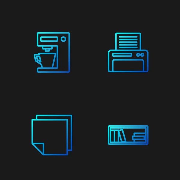 Set línea estante con libros, pegatinas Post nota, cafetera e impresora. Iconos de color degradado. Vector — Foto de Stock