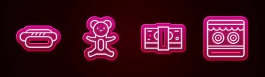 Hattı ayarla Hotdog, oyuncak ayı pelüşü, kağıt para yığını ve atış poligonu. Parlayan neon ikonu. Vektör