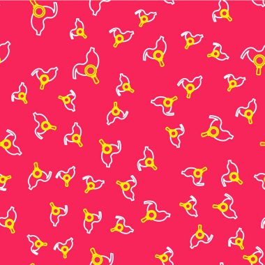 Büyüteç ikonlu çizgi insan midesi kırmızı arka planda izole edilmiş kusursuz desen. Vektör