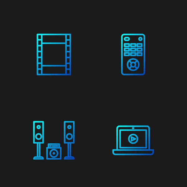 Set line Online play video, Home stereo with two speakers, Play Video and Remote control. Gradient color icons. Vector — Stock Vector