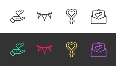 Elinde kalp, bayraklı karnaval çelengi, kadın cinsiyeti sembolü ve siyah beyaz tebrik kartı. Vektör