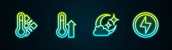 Ustaw linię meteorologii termometr,, Chmura z księżyca i piorun. Świecąca neonowa ikona. Wektor — Wektor stockowy