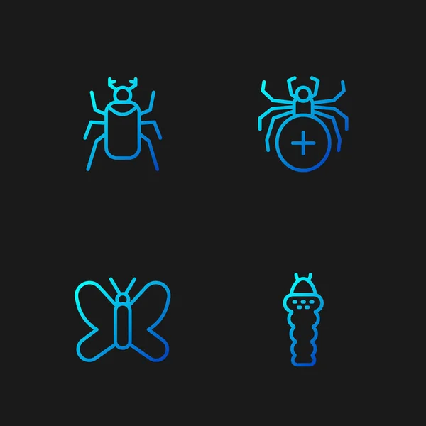 Establecer línea de insectos larva, mariposa, insecto escarabajo y araña. Iconos de color degradado. Vector — Vector de stock