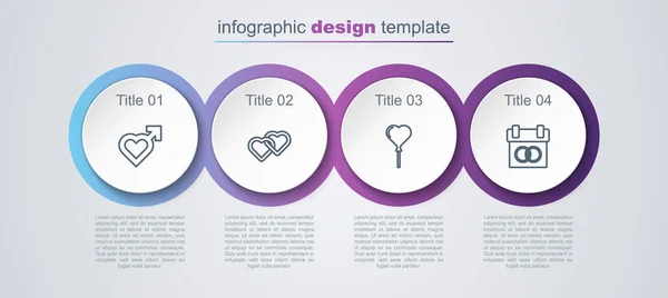 Set line Heart with male gender, Two Linked Hearts, Balloons form of heart and Calendar. Business infographic template. Vector — Stock Vector