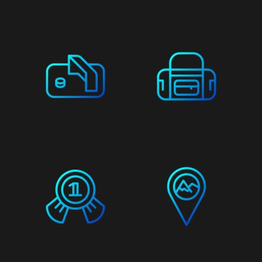 Sırayı dağ, madalya, buz hokeyi golü ve spor çantasıyla belirleyin. Renk simgeleri. Vektör