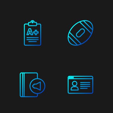 Çevrimiçi sınıf, sesli kitap, sınav kağıdı artı not ve Amerikan futbolu. Renk simgeleri. Vektör