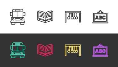 Okul otobüsü, açık kitap, sarkacı ve karton tahtayı siyah ve beyaza ayarla. Vektör