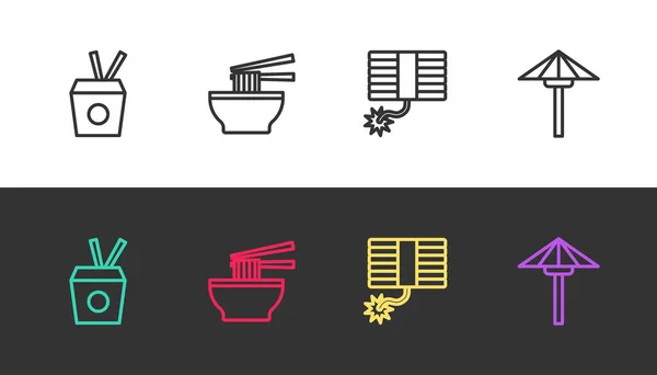 Встановити лінійку Noodles в коробці і паличках, азіатську локшину, феєрверк і японську парасольку від сонця на чорно-білому. Вектор — стоковий вектор
