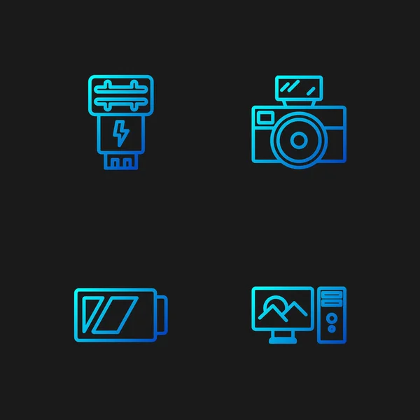 Set line Photo retouching, Battery for camera, flash and with. Gradient color icons. Vector — Stock Vector