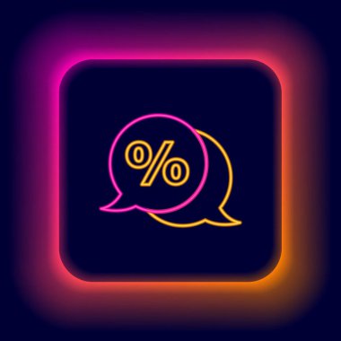 Parlayan neon hattı% indirimli etiket simgesi siyah arkaplanda izole edildi. Etiket alışverişi. Özel teklif işareti. İndirim kuponları sembolü. Renkli taslak konsepti. Vektör