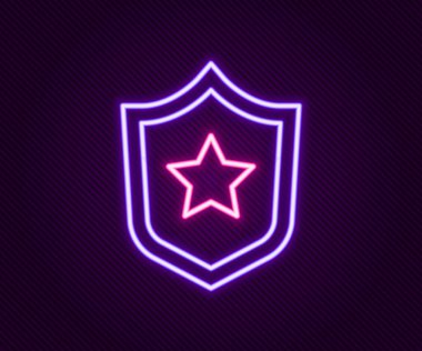 Parlayan neon hattı polis rozeti ikonu siyah arka planda izole edildi. Şerif rozeti. Yıldız sembollü kalkan. Renkli taslak konsepti. Vektör