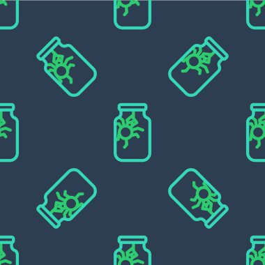 Kavanoz simgesindeki çizgi örümceği mavi arka planda izole edilmiş pürüzsüz desen. Mutlu Cadılar Bayramı Partisi. Vektör