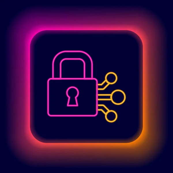 Leuchtende Leuchtschrift Lock mit Bitcoin-Symbol isoliert auf schwarzem Hintergrund. Kryptowährungsbergbau, Blockchain-Technologie, Sicherheit, Schutz, digitales Geld. Buntes Rahmenkonzept. Vektor — Stockvektor