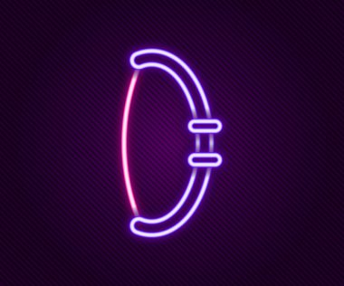Parlayan neon hattı Ortaçağ yay simgesi siyah arka planda izole edildi. Ortaçağ silahı. Renkli taslak konsepti. Vektör