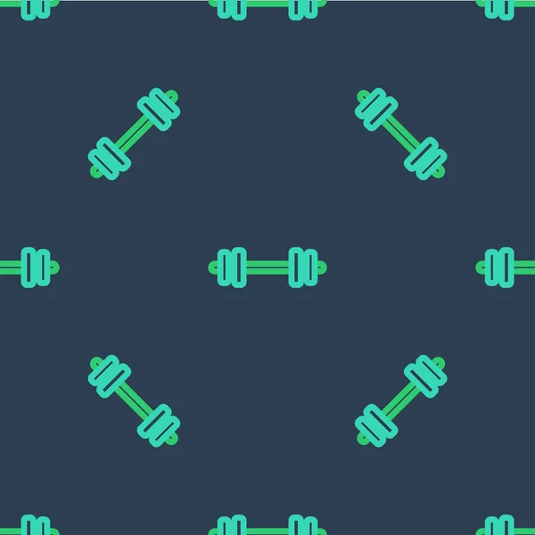 Linia Barbell ikona odizolowany bezszwowy wzór na niebieskim tle. Ikona podnoszenia mięśni, sztanga fitness, siłownia, sprzęt sportowy, hantle do ćwiczeń. Wektor — Wektor stockowy