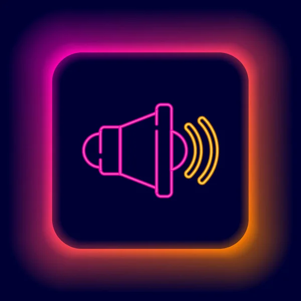 Línea de neón brillante Volumen del altavoz, símbolo de sonido de voz de audio, icono de música multimedia aislado sobre fondo negro. Concepto de esquema colorido. Vector — Vector de stock