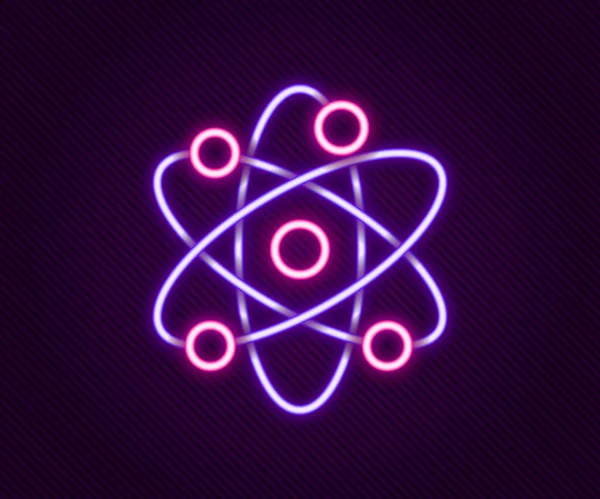 Icono de átomo de línea de neón brillante aislado sobre fondo negro. Símbolo de ciencia, educación, física nuclear, investigación científica. Concepto de esquema colorido. Vector — Vector de stock