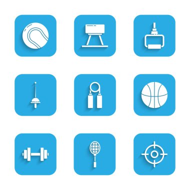 Set Sport genişleticisi, Tenis raketi, Target sporu, Basketbol topu, Dumbbell, Eskrim, TPX döngü eğitim ekipmanı ve beysbol ikonu. Vektör