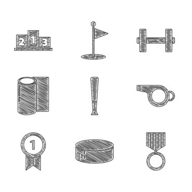 Beyzbol sopası, hokey diski, madalya, ıslık, spor paspas rulosu, Dumbbell ve ödül kazanan podyum ikonu. Vektör