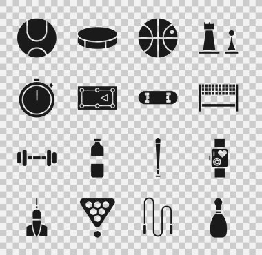 Bowling pimi, kalp atışlarını gösteren akıllı saat, Ribbon bitiş çizgisi, basketbol masası, bilardo masası, Stopwatch, Tenis ve Kaykay üçlemesi ikonu. Vektör