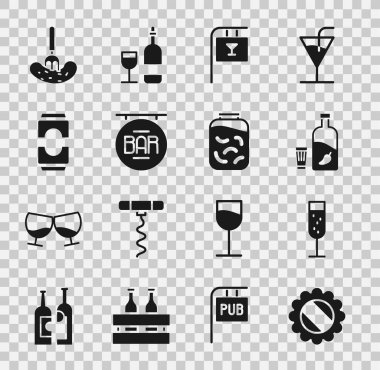 Şişe kapağı, şampanya, biberli votka, levha barı, bira kutusu çatallı salatalık turşusu ve kavanoz ikonunda salatalık. Vektör