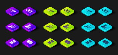 Yüzde indirimi ve cep telefonunu, kredi kartını, indirimli yüzde etiketini, para çantası parasını, kağıt para destesini ve mali büyüme avro ikonunu ayarla. Vektör