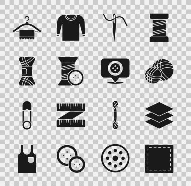 Dikiş desenini, katmanları, kumaşı iplik topu, iplikle dikmek için iğne ve düğmeyi, elbise dolabını ve dükkan ikonunu ayarla. Vektör