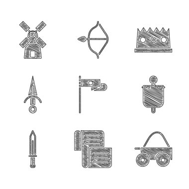 Ortaçağ bayrağı, ferman, parşömen, parşömen, dört tekerlekli tahta araba, kılıç, hançer, kral tacı ve yel değirmeni ikonu. Vektör