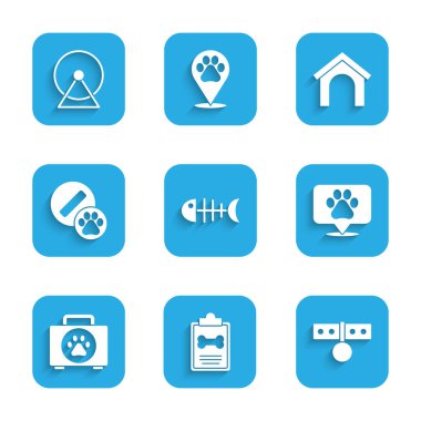 Balık iskeleti, klinik kayıt hayvanı, isim etiketli tasma, konum veterineri, evcil hayvan ilk yardım çantası, köpek hapı, ev ve hamster tekerleği ikonu. Vektör