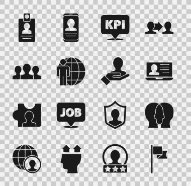 Konum imleci, Proje ekibi tabanı, özgeçmişi olan dizüstü bilgisayar, anahtar performans göstergesi, kafa avı, kullanıcı grubu, kimlik kartı ve el arama insanları simgesi. Vektör