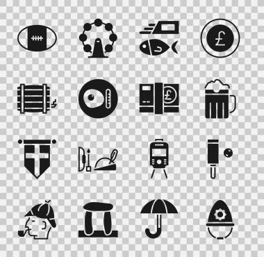 İngiliz polis kaskı, kriket sopası ve top, tahta bira kupası, balık cipsi, kahvaltı, fıçı, rugby ve sterlin para ikonu. Vektör