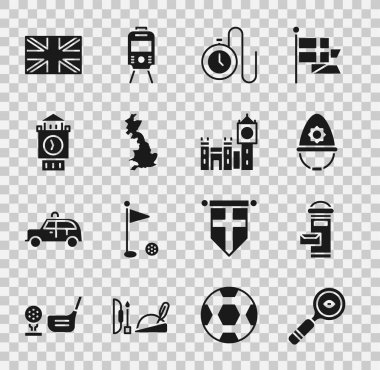 Büyüteç, Londra posta kutusu, İngiliz polis kaskı, zincirli saat, İngiltere haritası, Büyük Ben kulesi, Büyük Britanya bayrağı ve ikon. Vektör