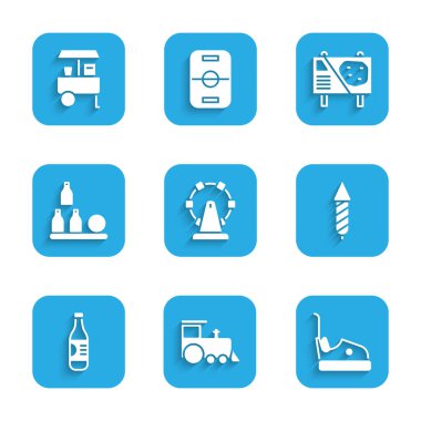 Dönme dolap, oyuncak tren, çarpışan araba, havai fişek roketi, bir şişe su, şişe topu, lunapark reklam panosu ve Fast Street yiyecek arabası ikonu. Vektör