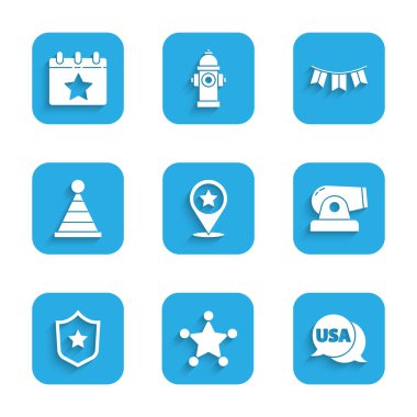 ABD Bağımsızlık Günü, Hexagram şerifi, etiketi, Cannon, polis rozeti, parti şapkası, bayraklı karnaval çelengi ve 4 Temmuz ikonu. Vektör