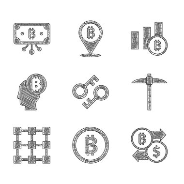 Şifreleme anahtarı, Bitcoin, takas, kazma, engelleme teknolojisi, düşünün, Pie grafiksel bitcoin ve devre simgesi. Vektör